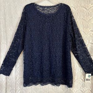 NWT Isaac Mizrahi Navy Blue, Lace, Long Sleeve Top- XL
